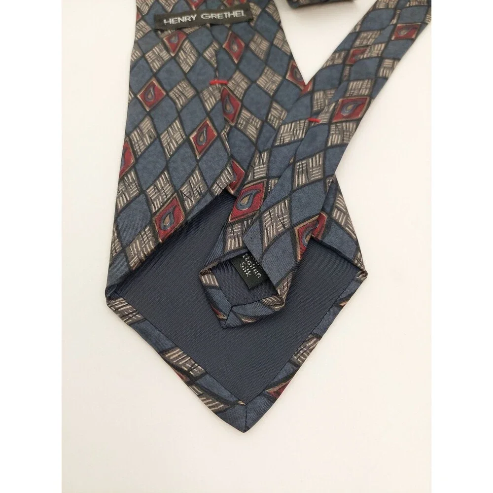 Henry Grethel Men's Tie Blue Burgundy Gray Diamond Pattern